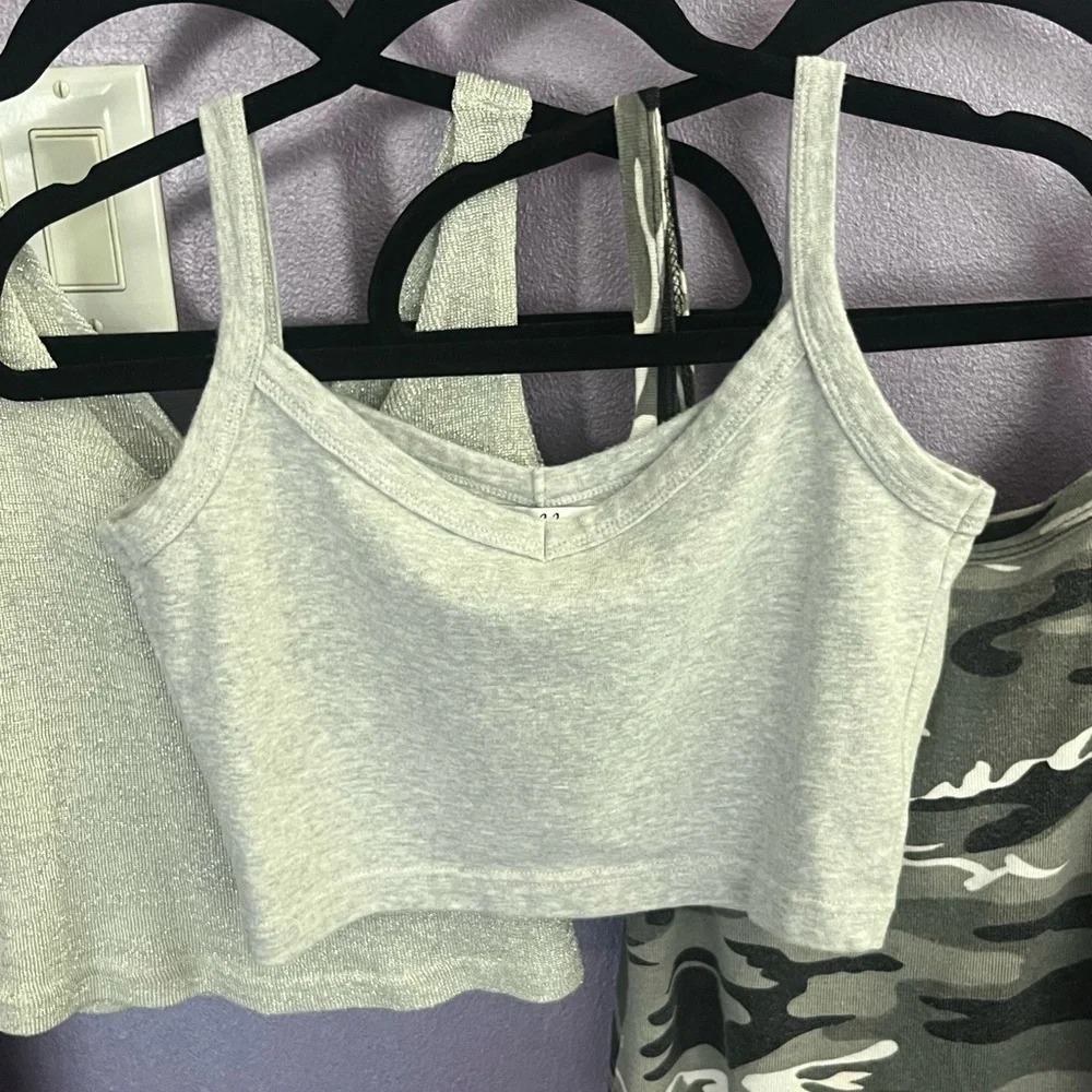 THREE Camouflage silver gray Vintage Tank Top Tee Cami stretch short crop shirt - Picture 5 of 8